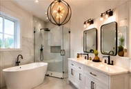 A primary bathroom with a freestanding tub and double vanity.